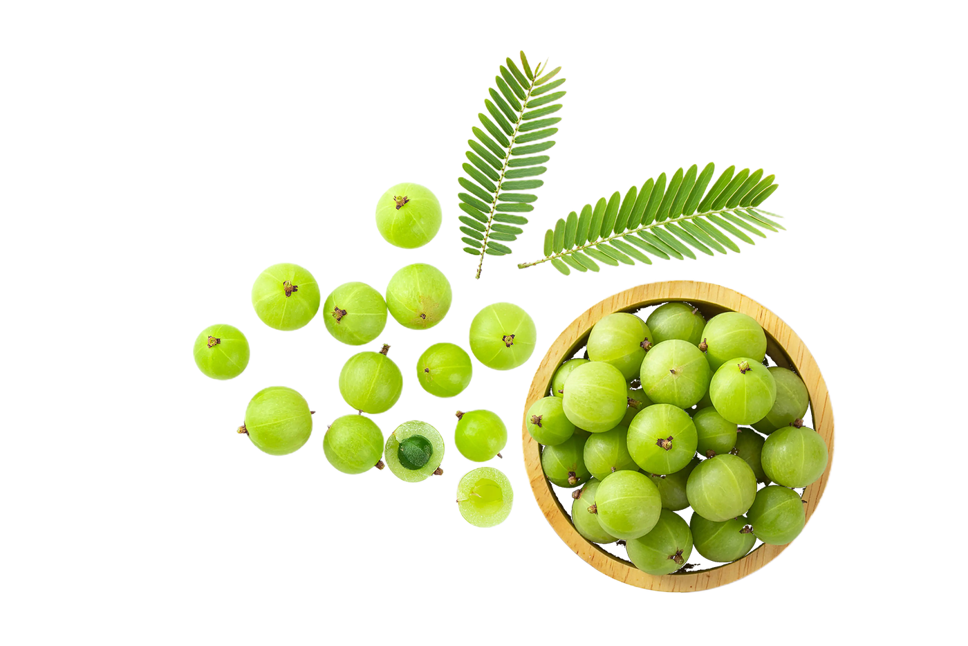 Fresh Indian gooseberry amla fruit, leaves and wooden basket of amla from Solapur farm